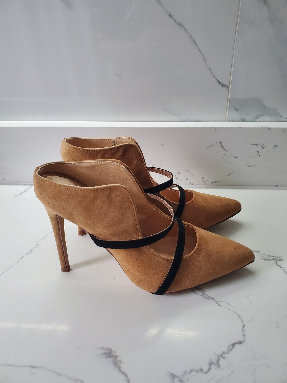 Lulus Suede Pointed Toe High Heels with Black Strap - Tan US7